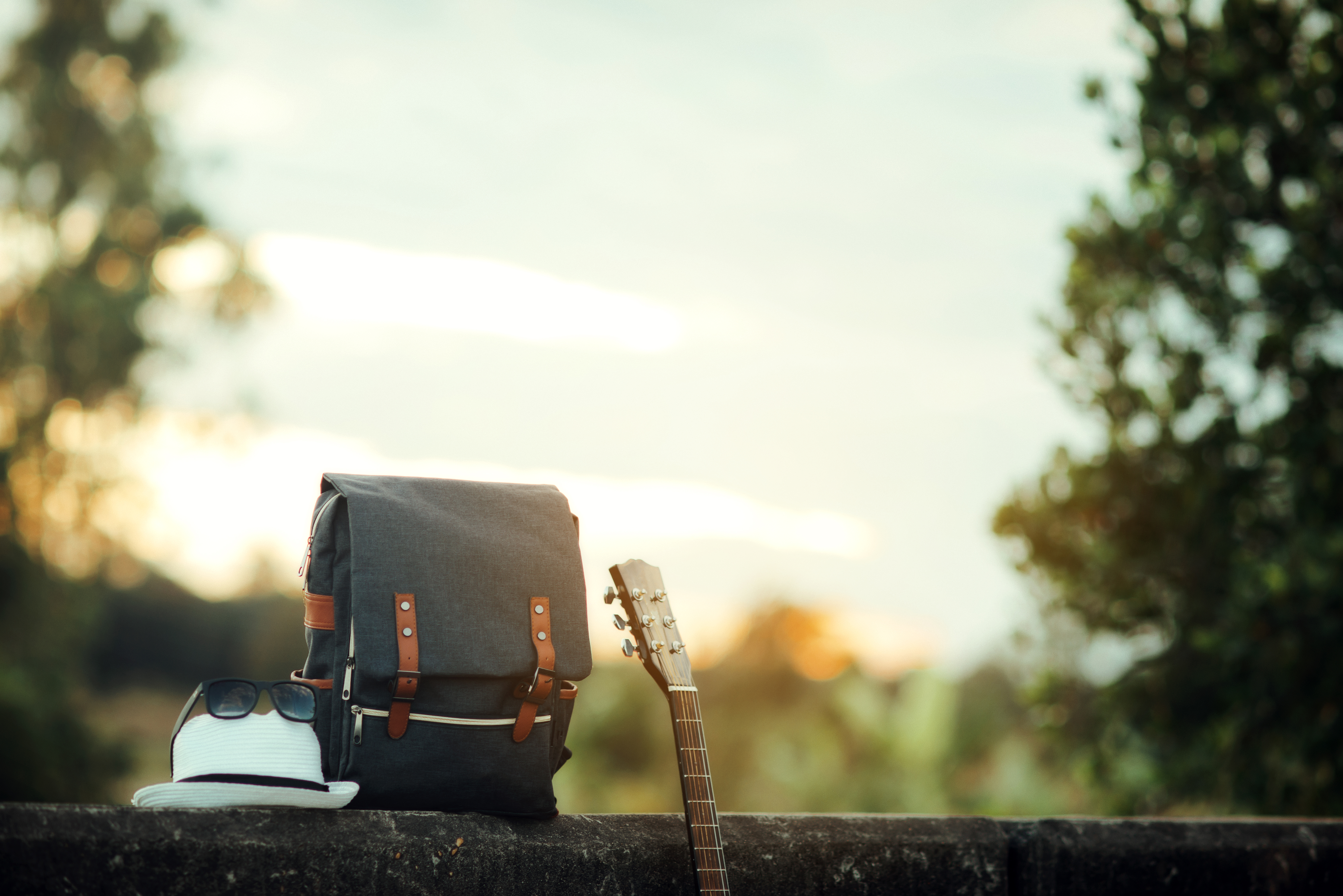 backpack with sunset, Travel concept
